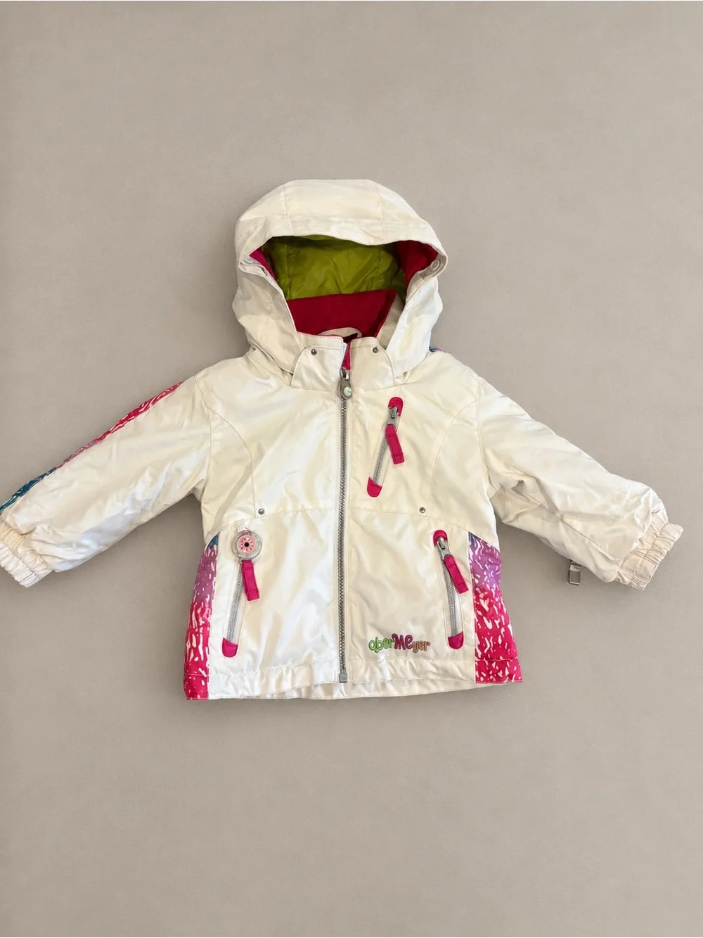 Obermeyer Nirvana Kids Ski Jacket Size 1 White Pink Hooded Winter Coat I-Grow